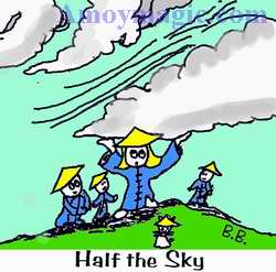 Cartoon of Sue holding up the sky, from Chairman Mao's saying "Women hold up half the sky"