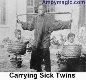 A Chinese peasant carrying his sick twins in baskets to the hospital