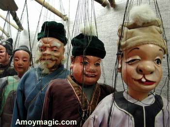 Quanzhou puppets / marionettes, on display in the Quanzhou marionette troupe's hall.